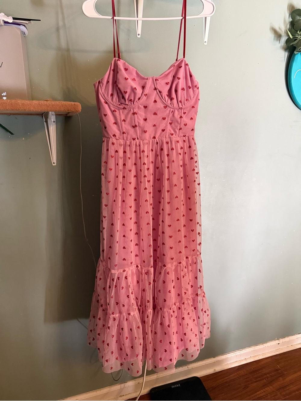 Betsey Johnson Pink Heart-Print Spaghetti-Strap Midi Dress